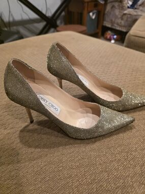 Jimmy Choo Gold Crystal Pointed Toe Pumps